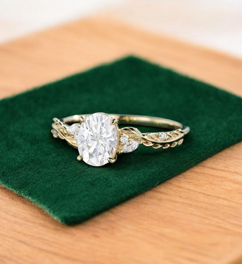 1.60ct Oval Lab Grown Diamond Engagement Ring, Leaf Art Deco Bridal Ring