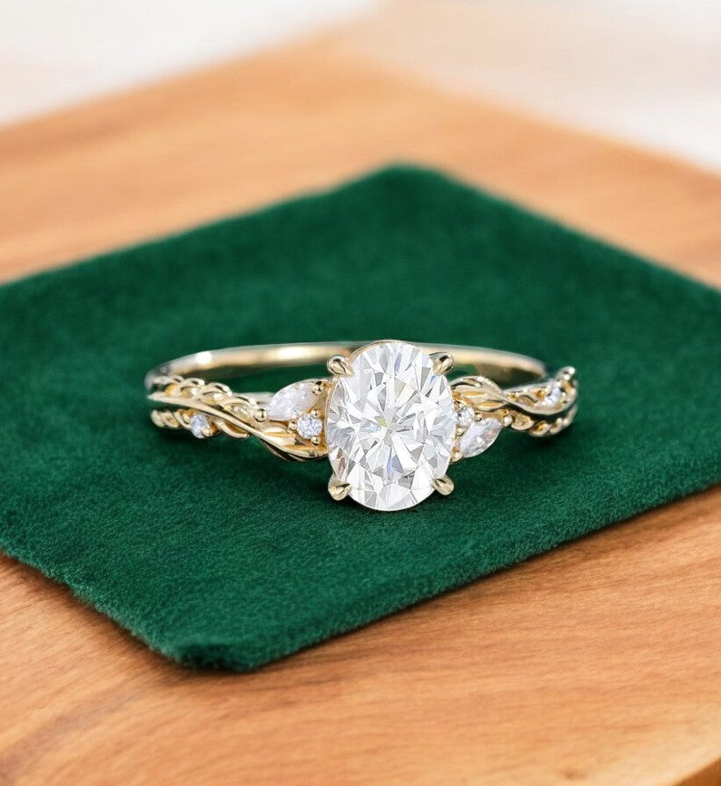 1.60ct Oval Lab Grown Diamond Engagement Ring, Leaf Art Deco Bridal Ring