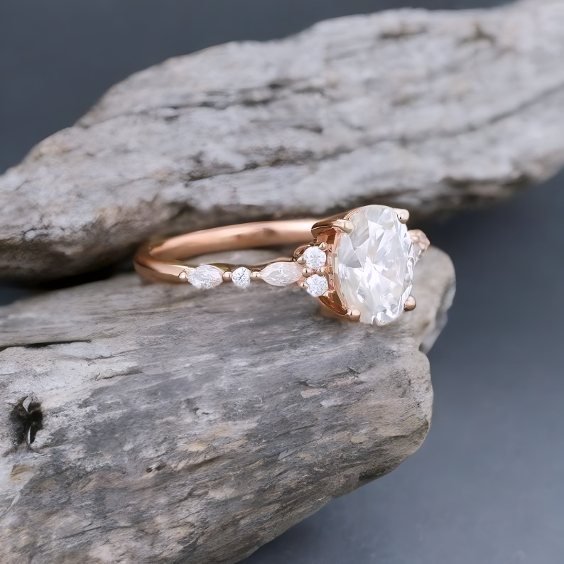 1.25 ct Oval Lab Grown Diamond Engagement Ring • Rose Gold Cluster Bridal Ring