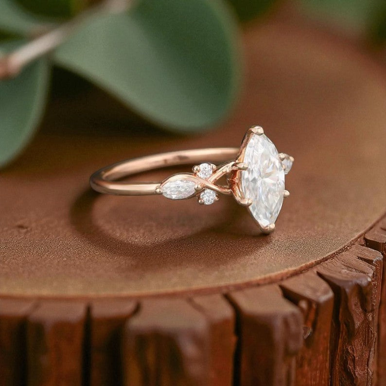 1.00ct Marquise Lab Grown Diamond Engagement Ring • Dainty Rose Gold Cluster Ring