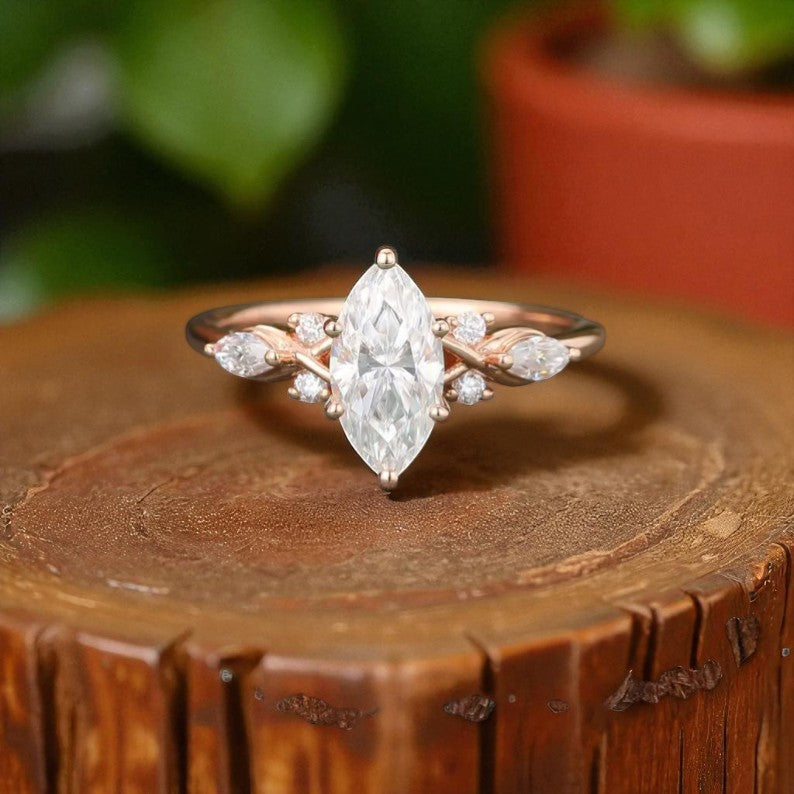 1.00ct Marquise Lab Grown Diamond Engagement Ring • Dainty Rose Gold Cluster Ring