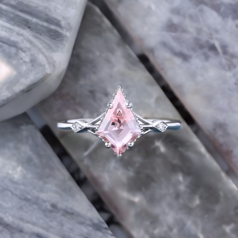 1.35ct Kite Cut Lab Pink Sapphire Engagement Ring • Three Stone Rose Gold Ring