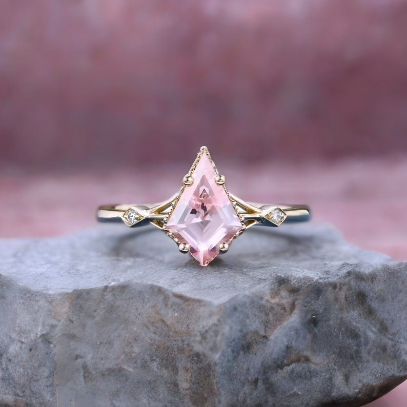 1.35ct Kite Cut Lab Pink Sapphire Engagement Ring • Three Stone Rose Gold Ring