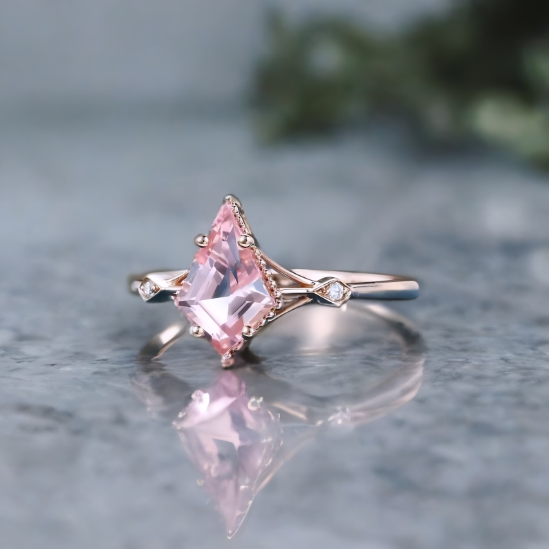 1.35ct Kite Cut Lab Pink Sapphire Engagement Ring • Three Stone Rose Gold Ring