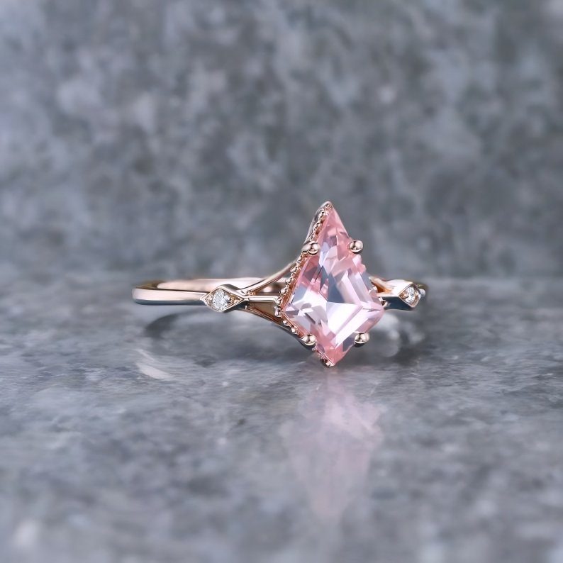 1.35ct Kite Cut Lab Pink Sapphire Engagement Ring • Three Stone Rose Gold Ring