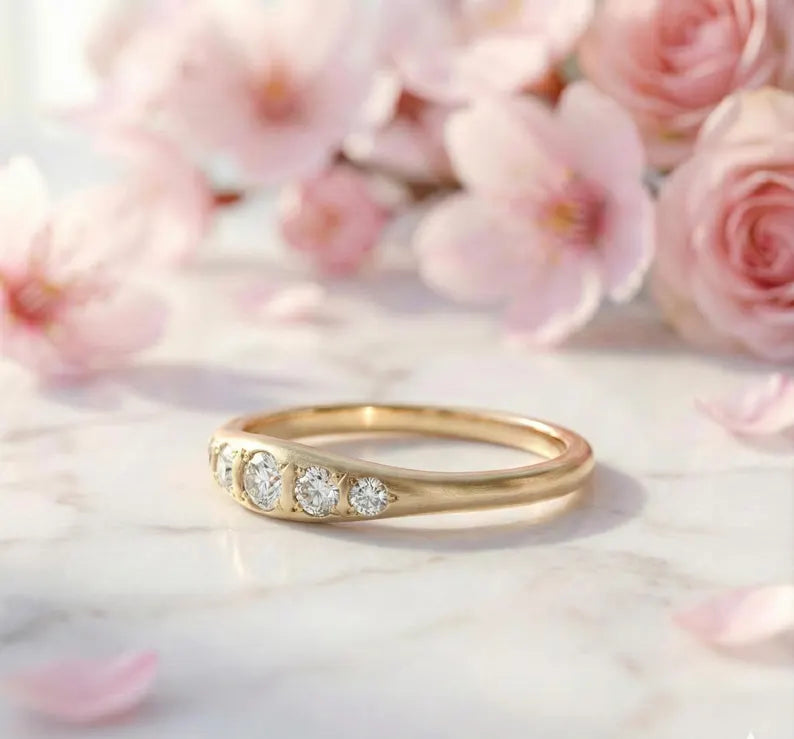 0.120 ct Five Stone Lab Grown Diamond Ring, 14K Gold Diamond Wedding Band