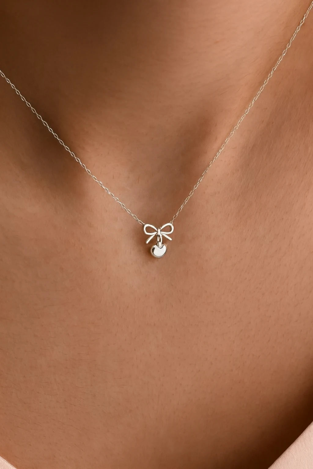 14K Rose Gold Heart Bow Necklace | Elegant Minimalist Jewelry