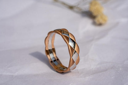 14k Gold & 18K X Pattern Wedding Ring Men's wedding Band