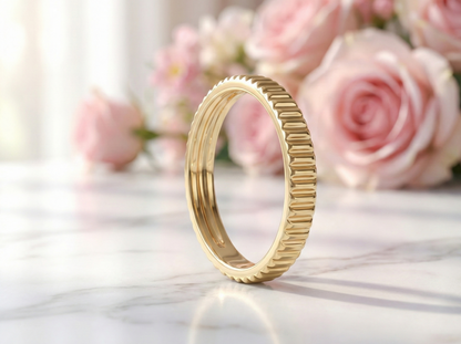 14K Gold Ribbed Ring 3mm - Stackable Wedding Band