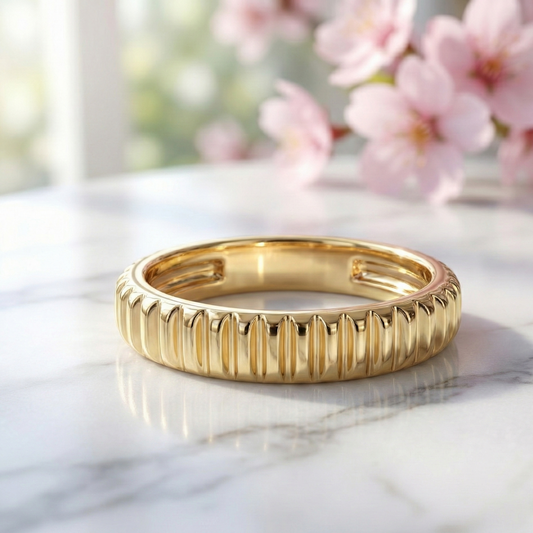 14K Gold Ribbed Ring 3mm - Stackable Wedding Band