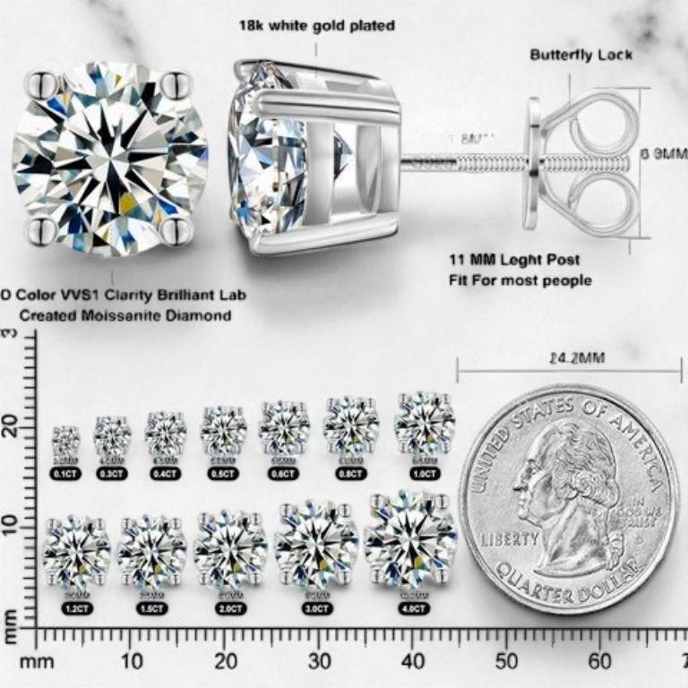 Real Moissanite Stud Earrings • 92.5 Sterling Silver Sparkling Studs