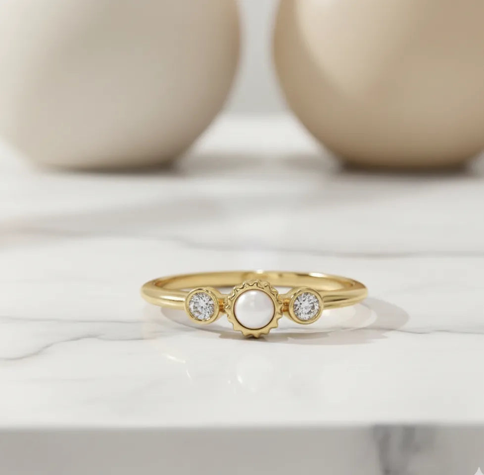 Pearl & Diamond Dainty Ring | 14K Solid Gold Stacking Jewelry