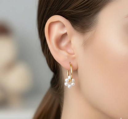 Pearl Hoop Earrings -  Gold Hoop Earrings with Pearl Cluster