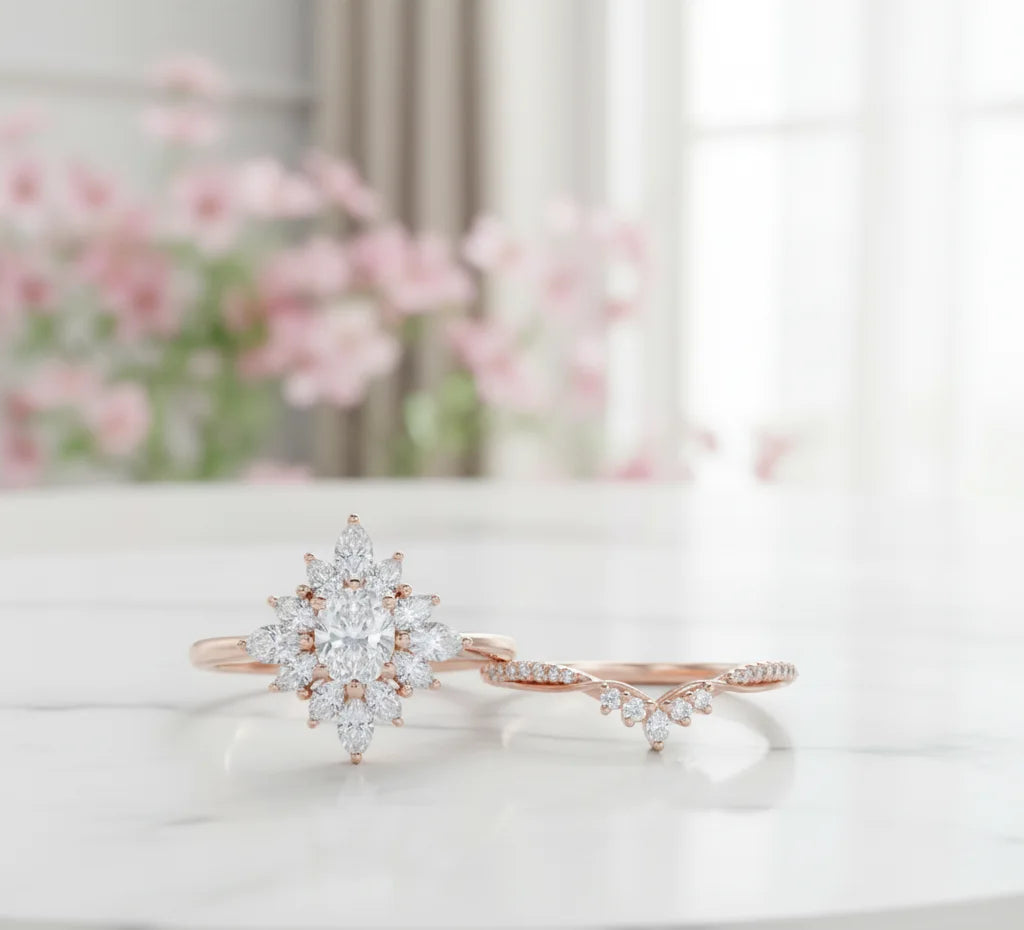 1.10ct Oval Lab-Grown Diamond Bridal Set – 14K Gold Engagement & Band