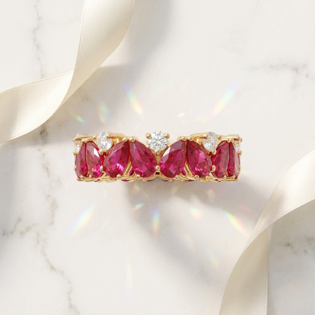 2.60 ct Pear Cut Ruby & Lab Grown Diamond Eternity Wedding Band Ring