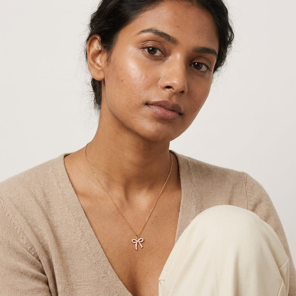 Pink Bow Necklace, 14K Gold Bow Pendant Necklace