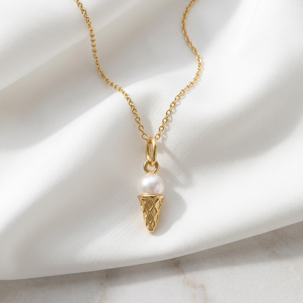 Pearl Ice Cream Cone Pendant Necklace, 14K Gold
