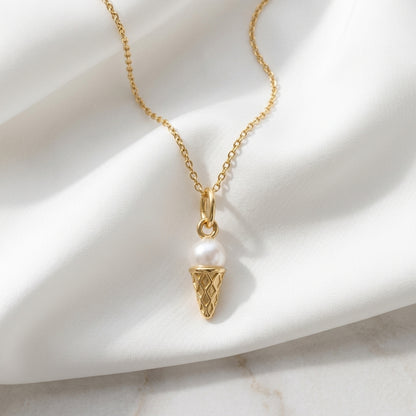 Pearl Ice Cream Cone Pendant Necklace, 14K Gold