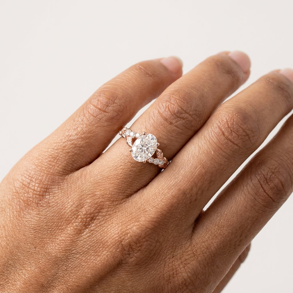 1.610ct Oval Cut Lab Grown Diamond Nature Inspired Leaf Engagement Ring
