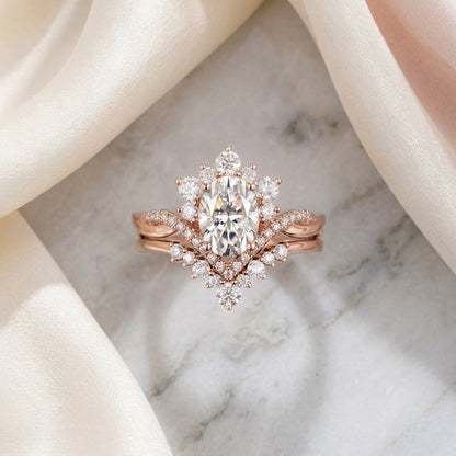 2.60ct Oval Cut Lab Grown Diamond Bridal Ring Set, Floral Halo Engagement Ring