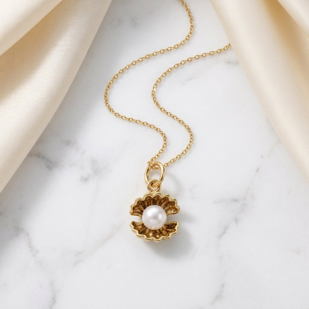 Pearl Oyster Necklace, 14K Gold Pearl Pendant Necklace