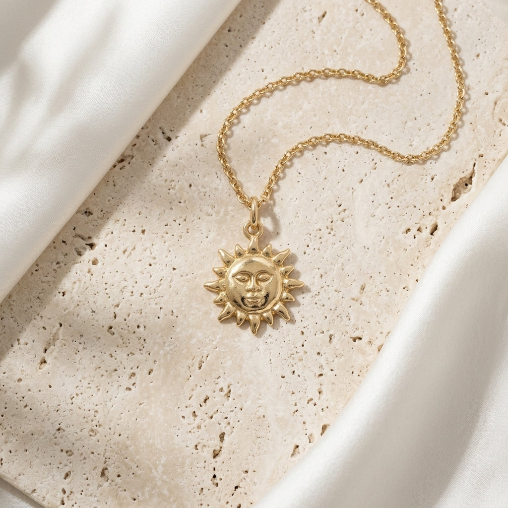 14k Gold Celestial Sun Face Pendant Necklace