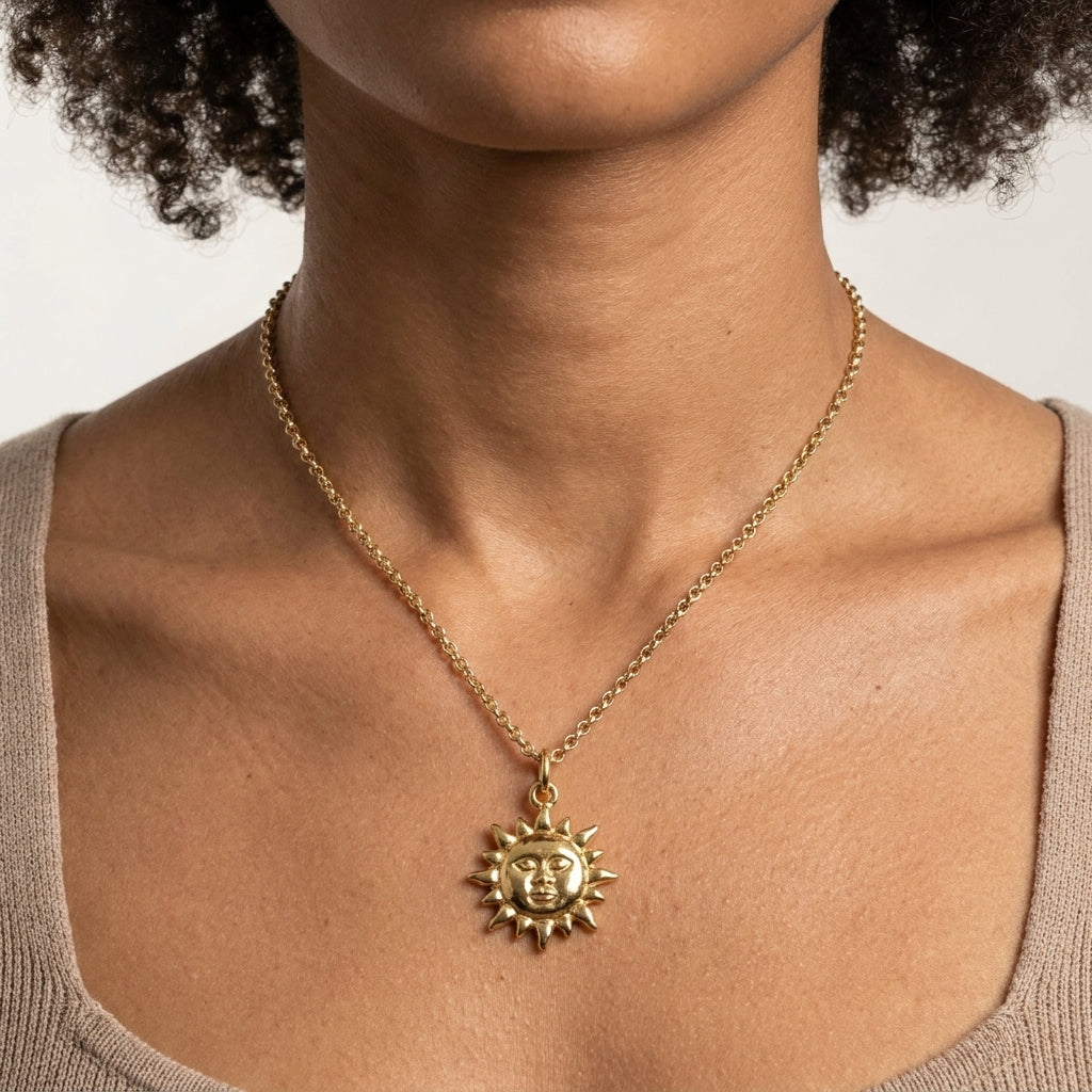 14k Gold Celestial Sun Face Pendant Necklace