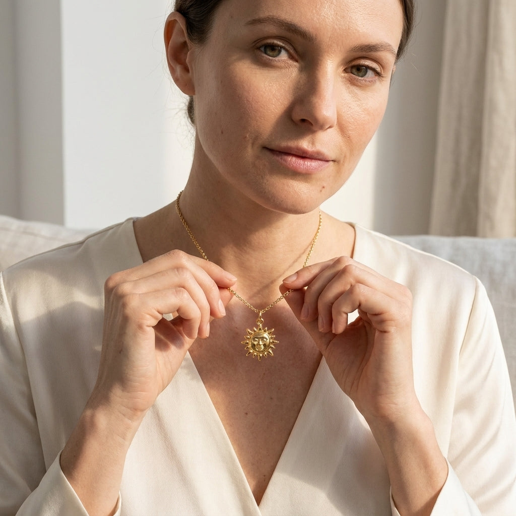 14k Gold Celestial Sun Face Pendant Necklace