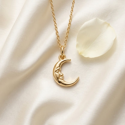 Crescent Moon Face Pendant Necklace, 14K Solid Gold