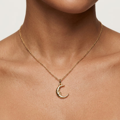 Crescent Moon Face Pendant Necklace, 14K Solid Gold