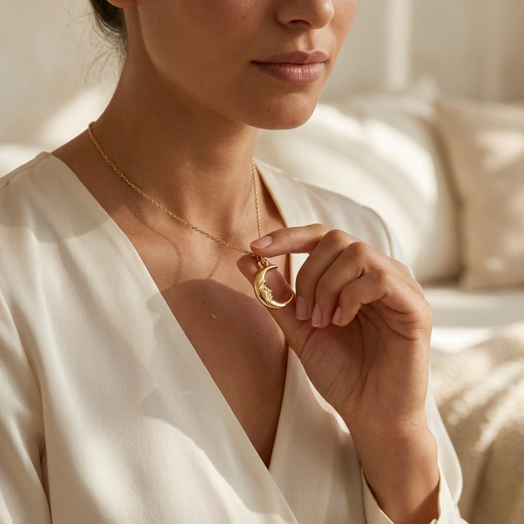 Crescent Moon Face Pendant Necklace, 14K Solid Gold