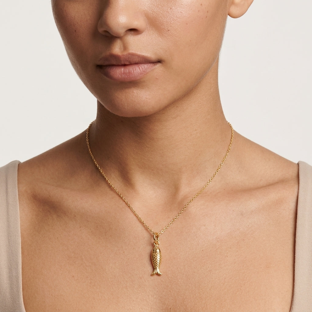 14K Solid Gold Fish Charm Pendant Necklace
