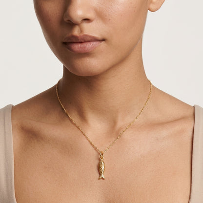 14K Solid Gold Fish Charm Pendant Necklace
