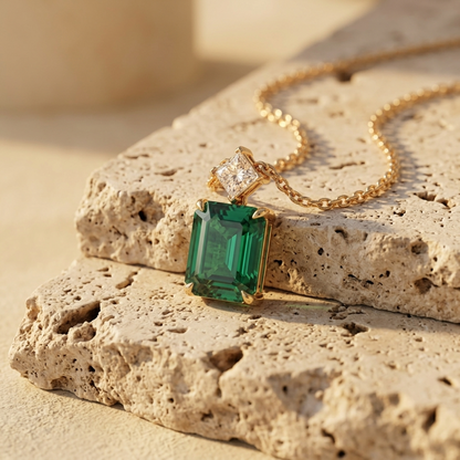 5 Ct Emerald Cut Green Gemstone Lab Grown Diamond Necklace