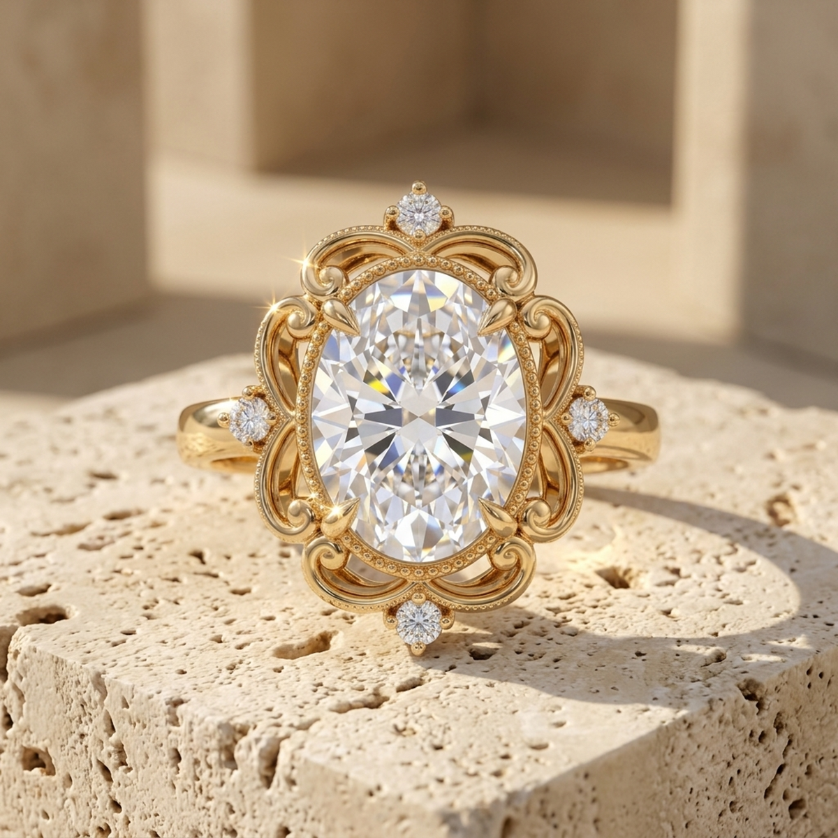 3.20ct Oval Cut Lab Grown Diamond Floral Engagement Ring
