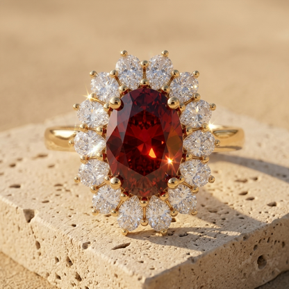 4.400CT Red Oval Cut Diamond Floral Halo Engagement Ring