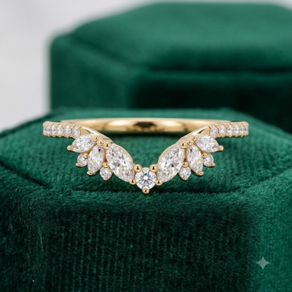 0.600 ct Marquise & Round Cut Lab Grown Diamond V Shape Curved  Band Ring