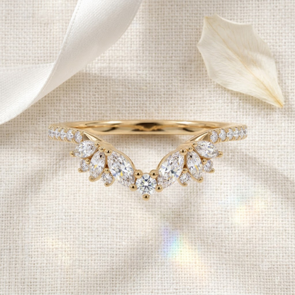 0.600 ct Marquise & Round Cut Lab Grown Diamond V Shape Curved  Band Ring