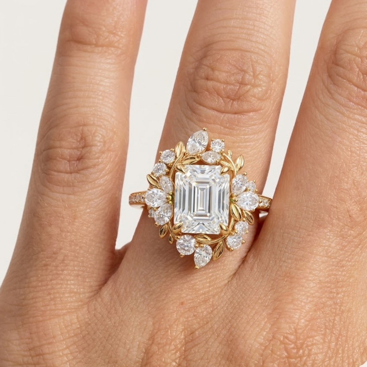 floral emerald cut lab grown diamond engagement ring