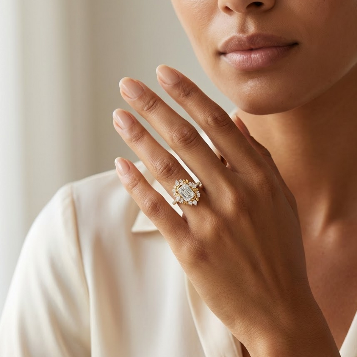 emerald cut floral engagement ring