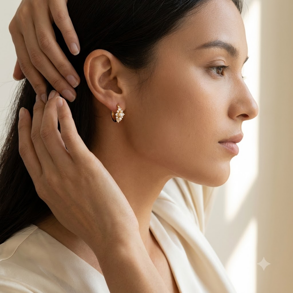 0.16 Ct Lab Grown Diamond Pearl Huggie Hoop Earrings | 14K Gold | Dainty Pearl Earrings