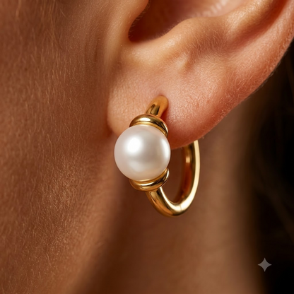 14K Gold Pearl Huggie Hoop Earrings with 4mm White Pearls