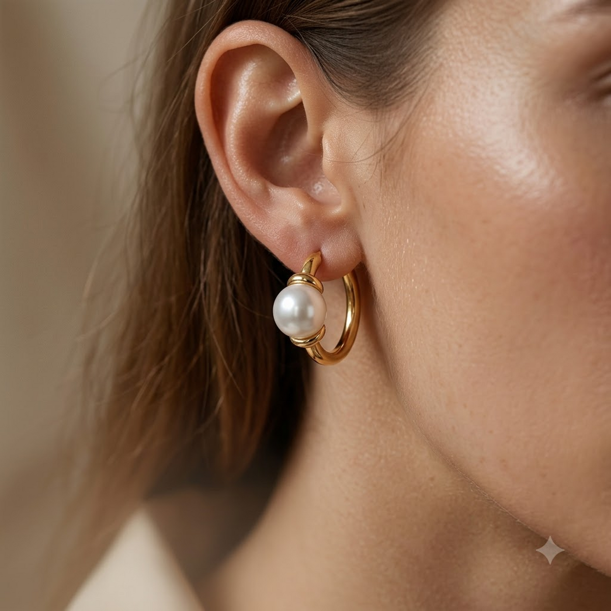 14K Gold Pearl Huggie Hoop Earrings with 4mm White Pearls