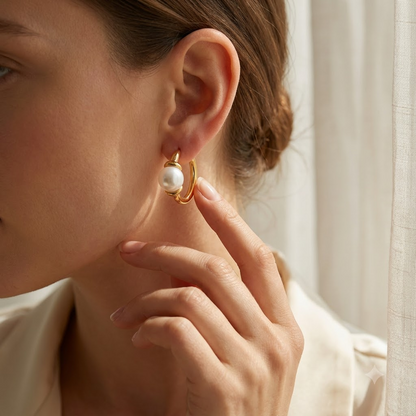 14K Gold Pearl Huggie Hoop Earrings with 4mm White Pearls