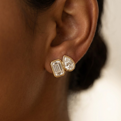 2.00 Ct Pear & Emerald Cut Lab Grown Diamond Bezel Studs Earrings