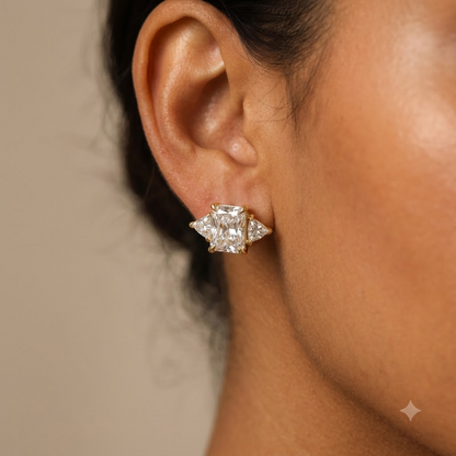 1.40 Ct Lab Grown Diamond Stud Earrings, Radiant Cut Three Stone Earrings