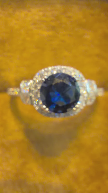 1.500 CT Round Cut Halo Blue Sapphire Lab Grown Diamond Engagement Ring