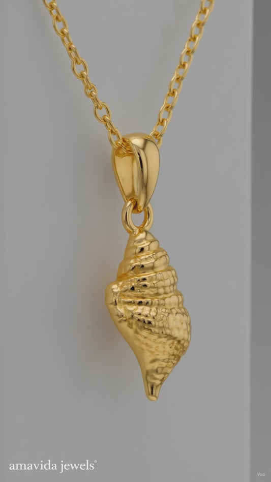 14K Solid Gold Sea Shell Charm Pendant Necklace