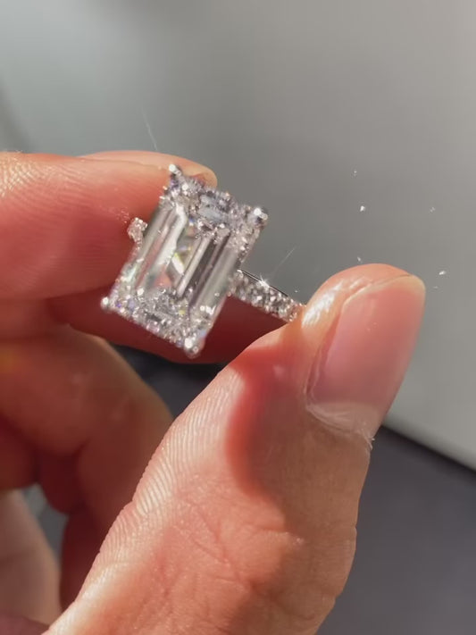 2 CT Emerald Cut Lab Grown Diamond Engagement Ring, Hidden Halo Diamond Ring