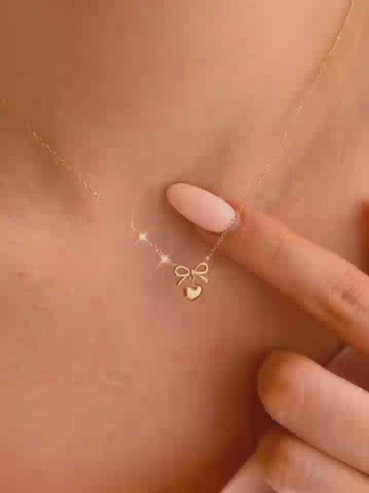 14K Rose Gold Bow & Heart Necklace • Dainty Charm Pendant